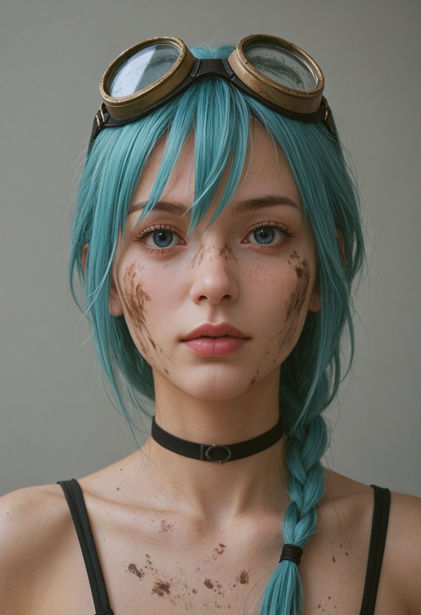 score_9, score_8_up, score_7_up,1girl, solo, looking at viewer, bangs, blue eyes, hair between eyes, braid, parted lips, choker, lips, aqua hair, goggles, portrait, goggles on head, realistic, dirty, dirty face