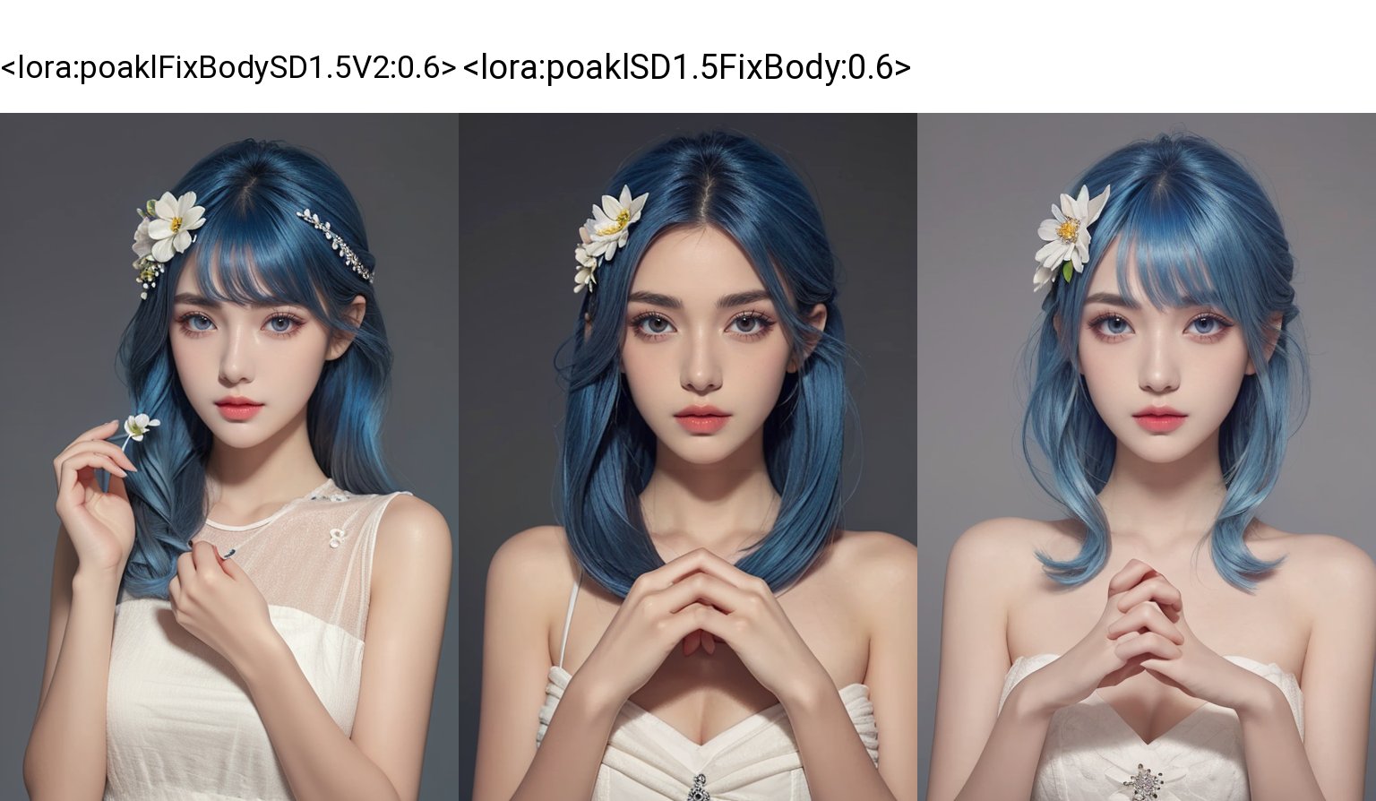 1girl,solo,hair ornament,flower,hair flower,perfect hands,makeup,blue hair,eyelashes,show her hands,((poakl)),<lora:poaklFixBodySD1.5V2:0.6>,