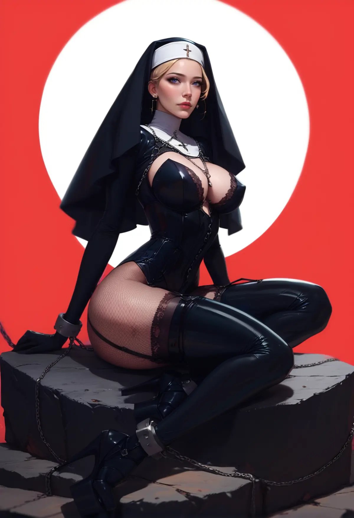 (score_9, score_8_up:1.1),score_7_up,1girl,solo,tall blonde,red background,sitting on rock,,ruanyi0453,bodysuit,fishnets,lace-trimmed legwear,nun,platform heels,veil,bondage outfit,chain,garter straps,o-ring,corset,black gloves,<lora:0453 Lace gelcoat nun_v1_pony:0.9>