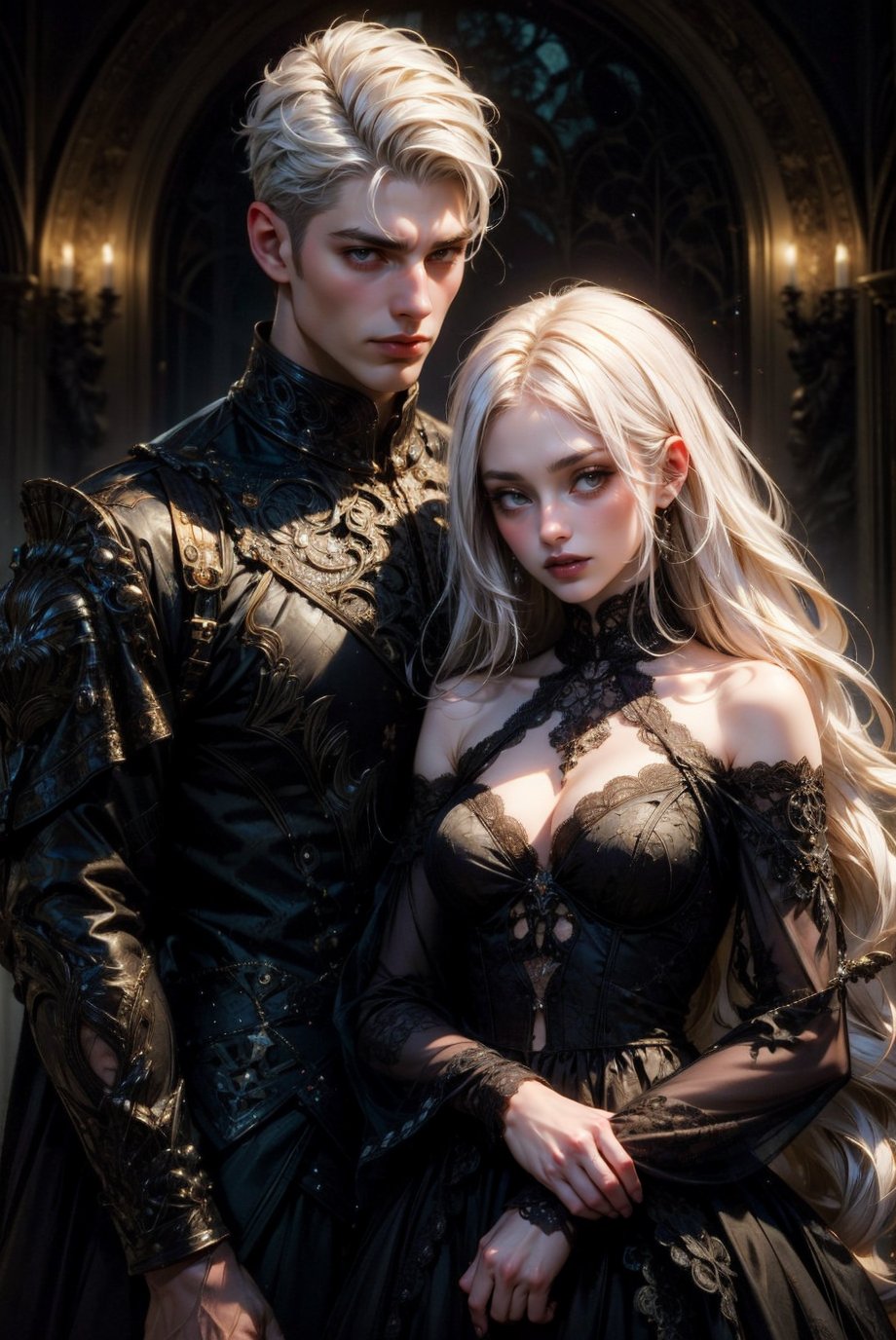 (masterpiece, best quality, 2people, 1girl and 1boy,(white hair), goth, gothic setting,