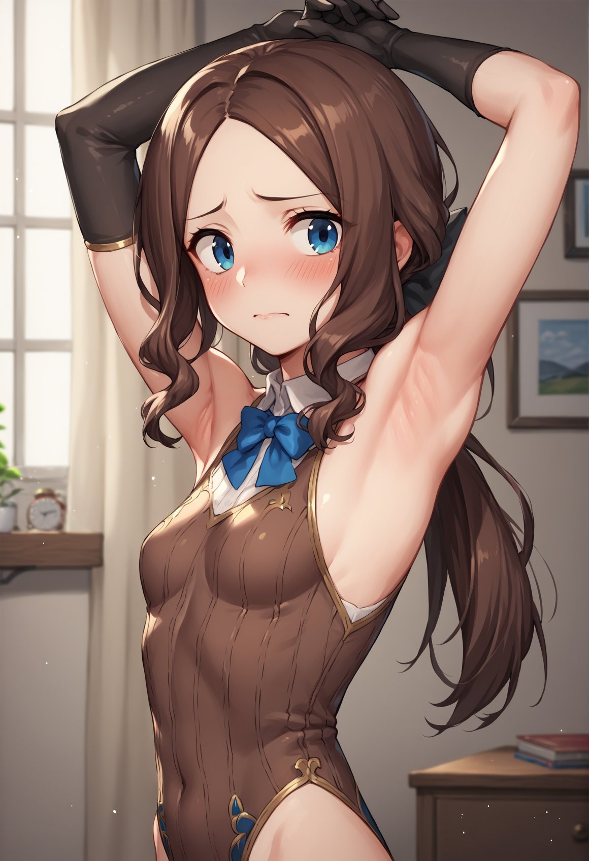 1girl, blue eyes, long hair, brown hair, sidelocks, forehead, low ponytail, leotard, bare legs, bare arms, elbow gloves, arm up, presenting armpit, spread armpit, armpit focus, upper body, from side, blushing, nervous, indoors, bedroom <lora:Vinci_XL:1>, score_9, score_8_up, score_7_up, score_6_up, score_5_up, score_4_up, BREAK source_anime, masterpiece