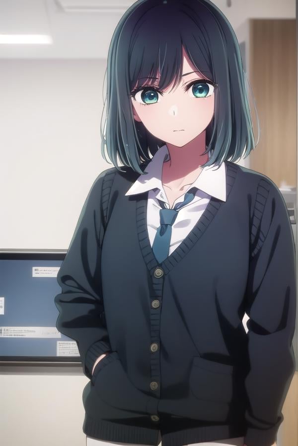 akanekurokawa, <lora:akane kurokawa s1-lora-nochekaiser:1>,akane kurokawa, bangs, (green eyes:1.3), blue hair, medium hair, dark blue hair,BREAK shirt, school uniform, white shirt, necktie, collared shirt, vest, blue necktie,BREAK indoors, classroom,BREAK looking at viewer, (cowboy shot:1.5),BREAK <lyco:GoodHands-beta2:1>, (masterpiece:1.2), best quality, high resolution, unity 8k wallpaper, (illustration:0.8), (beautiful detailed eyes:1.6), extremely detailed face, perfect lighting, extremely detailed CG, (perfect hands, perfect anatomy),