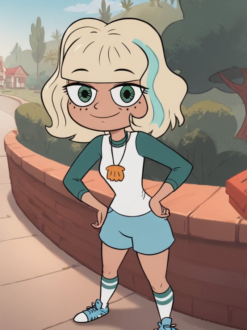 <lora:JackieLPony1.0:0.8> jackiel, blonde hair, 1girl, green eyes, solo, multicolored hair, short hair, shirt, shell necklace, bangs, long sleeves, blue shorts,smile,  socks,sneakers,eye reflection,standing,   looking at viewer, score_9,<lora:Smooth Anime Style LoRA XL:1> toon \(style\), 