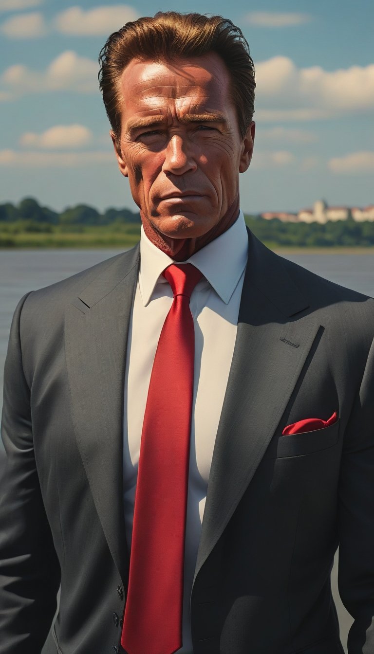 masterwork 8k, Cyberpunk arnold schwarzenegger wearing A tailored charcoal suit with a crisp white shirt and a red silk tie while Rolling shoulders, Rule of Thirds, from inside The Loire River, Lustful, Light and shadow plays, Colorful, trending on artstation, a look of severe determination 