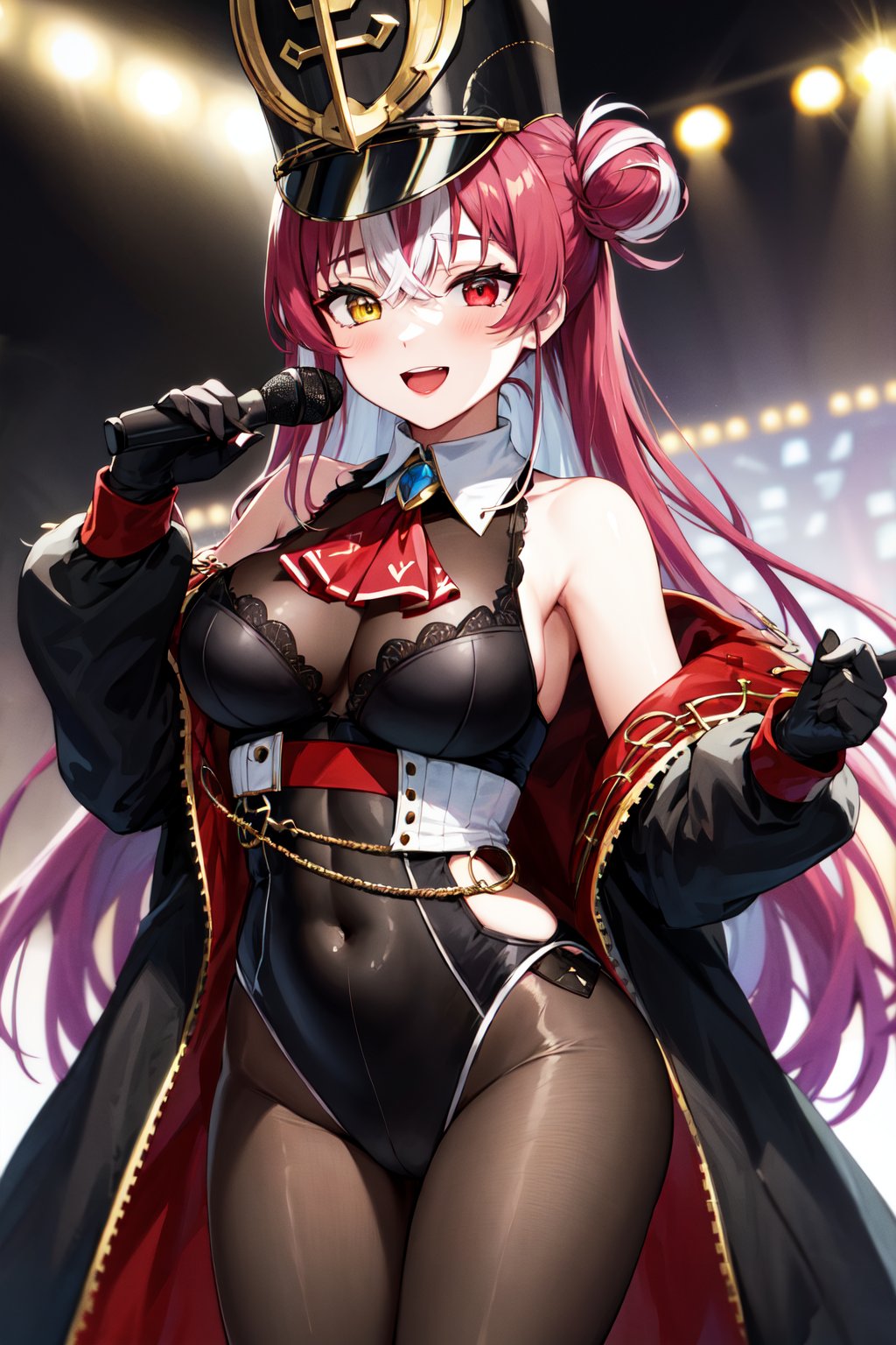 masterpiece, best quality, highres, ggmarine, long hair, single hair bun, multicolored hair, white hair, shako cap, heterochromia, red ascot, bodystocking, black leotard, sleeveless, black coat, open clothes, black gloves, covered navel, black pantyhose, <lora:houshou_marine_v1:0.8>, smile, open mouth, holding microphone, stage, smile