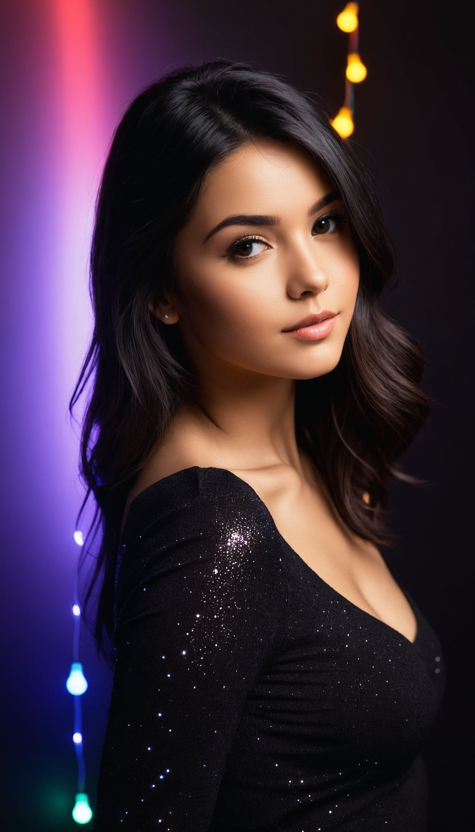 21yo girl, dark hair, slim, skin details, photostudio, lights, background, colored lights