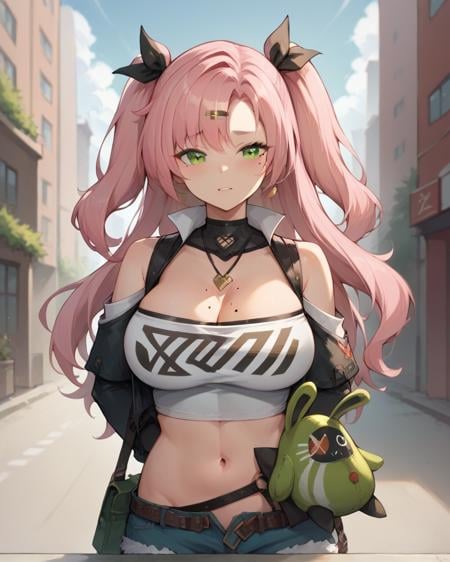 score_9, score_8_up,  NicoleNSFW, green eyes, pink hair, long hair, two side up, large breasts, mole on breast, mole under eye, navel, hairclip, city, <lora:Nicole_Demara_Zenless_Zone_Zero_Special_NSFW_Friendly_Pony:1>