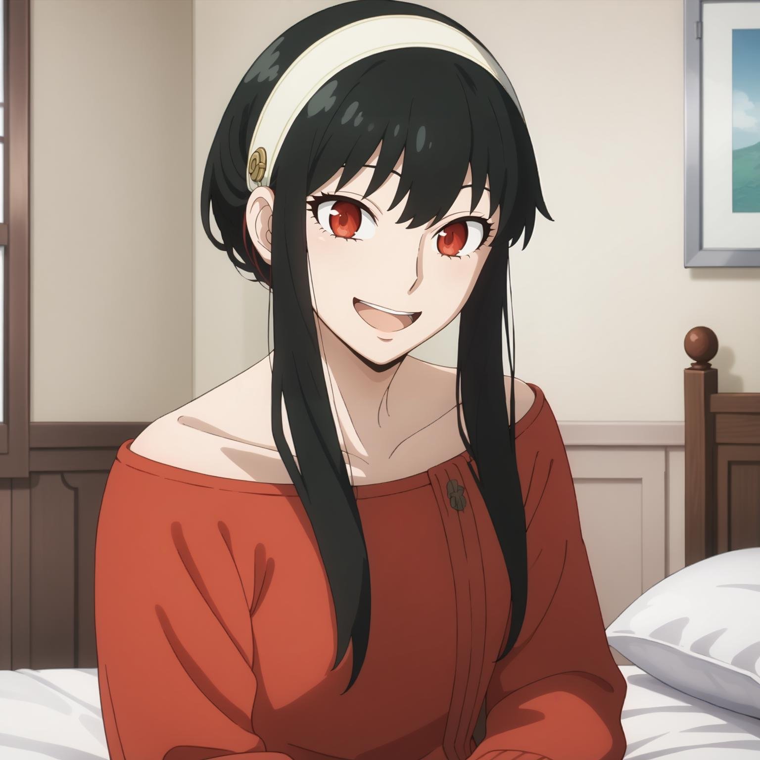 <lora:YorForgerXLpony004>,looking at viewer,smile,open mouth,solo,YorForger,1girl,black hair,red eyes,short hair with long locks,white hairband,off shoulder,red sweater,