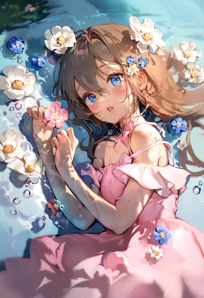 score_9, score_8_up, score_7_up, score_6_up, <lora:anmiXL_P6_lokr_V53P1:0.95> 1girl, solo, flower, dress, blue eyes, looking at viewer, brown hair, hair ornament, hair flower, pink dress, white flower, bangs, blue flower, pink flower, water, lying, blush, bare shoulders, hands up, water drop, on side, open mouth, long hair, bubble, parted lips, hair between eyes