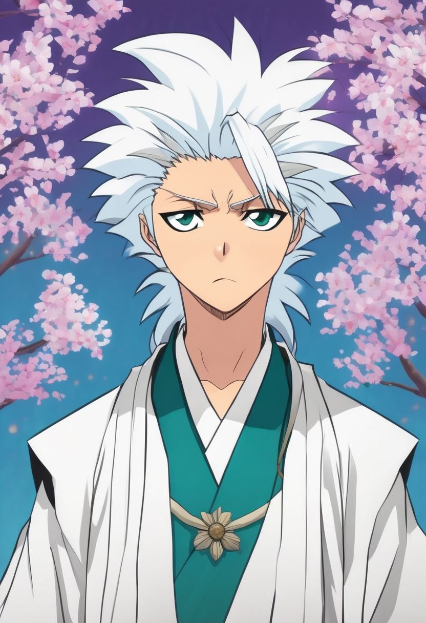 Hitsugaya Toshiro, solo, 1boy, male focus, anime, young, small nose, small lips, teal eyes, tan skin, serious, serene, neutral, white fluffy hair, hair over one eye, hair behind neck, blue kimono, upper body, face 3/4, body 3/4, pose 3/4, sakura ornaments, purple background