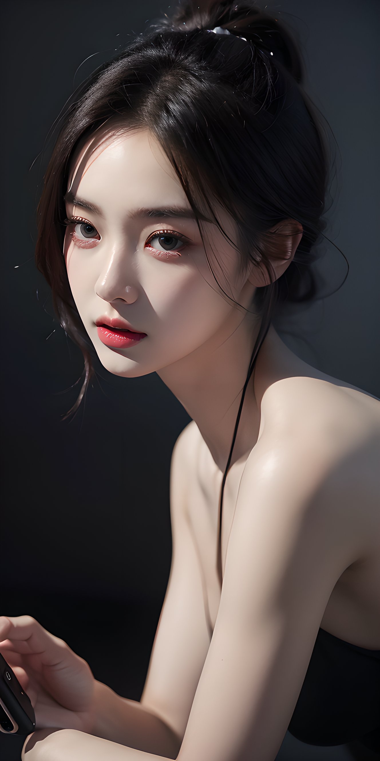 Realistic,Masterpiece,18 - year - old beautiful girl and monster,pearl - like eyes,extremely delicate facial depiction,heavy rain,crazy body movements,exaggerated perspective,poster,androgyny,fashion,dramatic lighting,strong tones,distortion style,32k UHD,chinese girls,(full_body:1.1),phone_screen, <lora:meinv123:0.5>