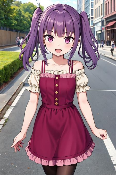 ichijou ayaka, pink spinel, 1girl, collarbone, sidelocks, twintails, smile, bare shoulders, pantyhose, open mouth, short sleeves, puffy sleeves, red dress, frilled dress, off shoulder dress, puffy short sleeves, white sleeves, outdoors, street, looking at viewer, walking <lora:fingers4civitai:1:1:lbw=OUTALL> <lora:ichijou_ayaka_locon_v1:0.7>