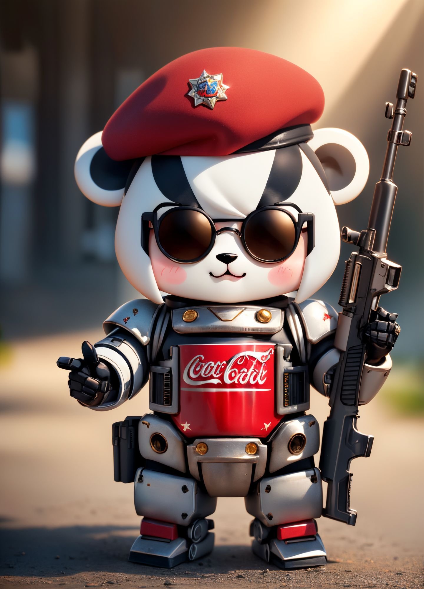 portrait,surrealistic,(bokeh:1.1),dof,awe-inspiring,majestic,overwhelming,humanoid polar-bear wearing (red coca-cola-military:1.1) metal sci-fi bulky (mecha armour:1.3) and sunglasses with (red beret:1.05) is holding a big (white rifle:1.35),harsh shadows,(sun rays:1.1),(kawaii,chibi:1.6),