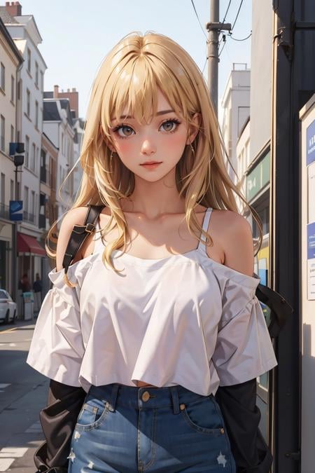 masterpiece, best quality,1girl,  <lora:OversizedClothes_FefaAIart:1>,long hair,  blonde hair,oversized shirt,shirt, off shoulders,