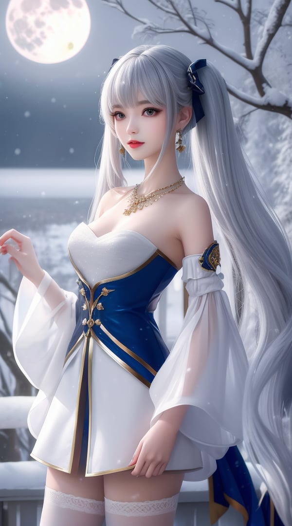 <lora:380-DA-武动乾坤-林青檀:0.8>,(,1girl, ,best quality, ),looking at viewer,ultra realistic 8k cg, picture-perfect face, flawless, clean, masterpiece, professional artwork, famous artwork, cinematic lighting, cinematic bloom, fantasy, dreamlike, unreal, science fiction, ((,1girl, pov,))(((,tree, 1girl, full moon,snowing,snow ,solo,     solo focus,  long_hair, looking_at_viewer,  )))  (rich:1.4,)     prestige, luxury, jewelry, diamond, gold, pearl, gem, sapphire, ruby, emerald, intricate detail, delicate pattern, charming, alluring, seductive, erotic, enchanting, hair ornament, necklace, earrings, bracelet, , 1girl, solo, blue_ribbon, detached_sleeves, ribbon, long_hair, twintails, thighhighs, bow, blue_sleeves,silver hair, 