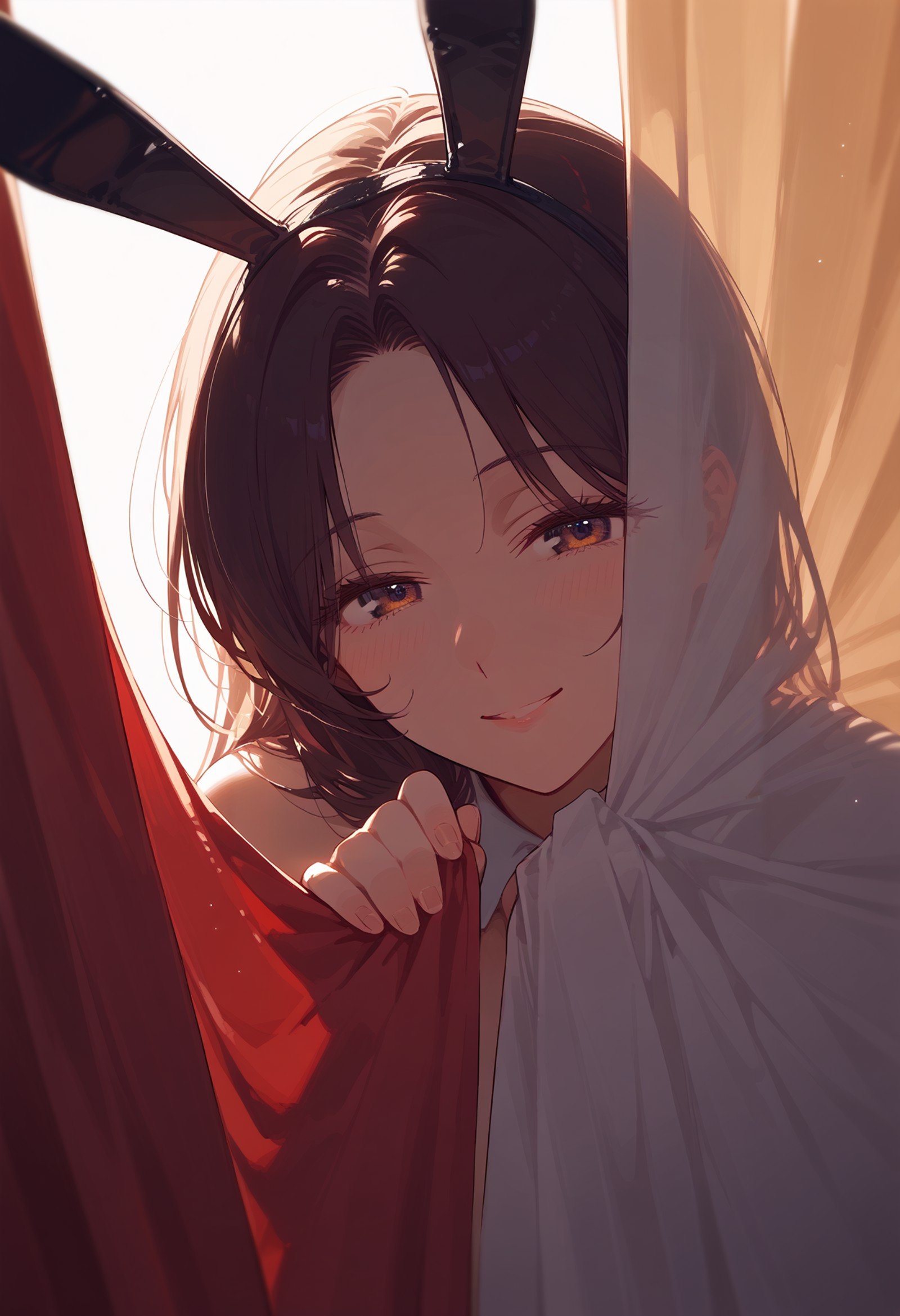 score_9, source_anime, score_8_up, score_7_up,  <lora:behindcurtains:1> red curtains, hiding, curtain grab, shadow, close up, 1girl, playboy bunny, smile, bocca, close curtain, rim lighting, white background, hidden hands, mature female