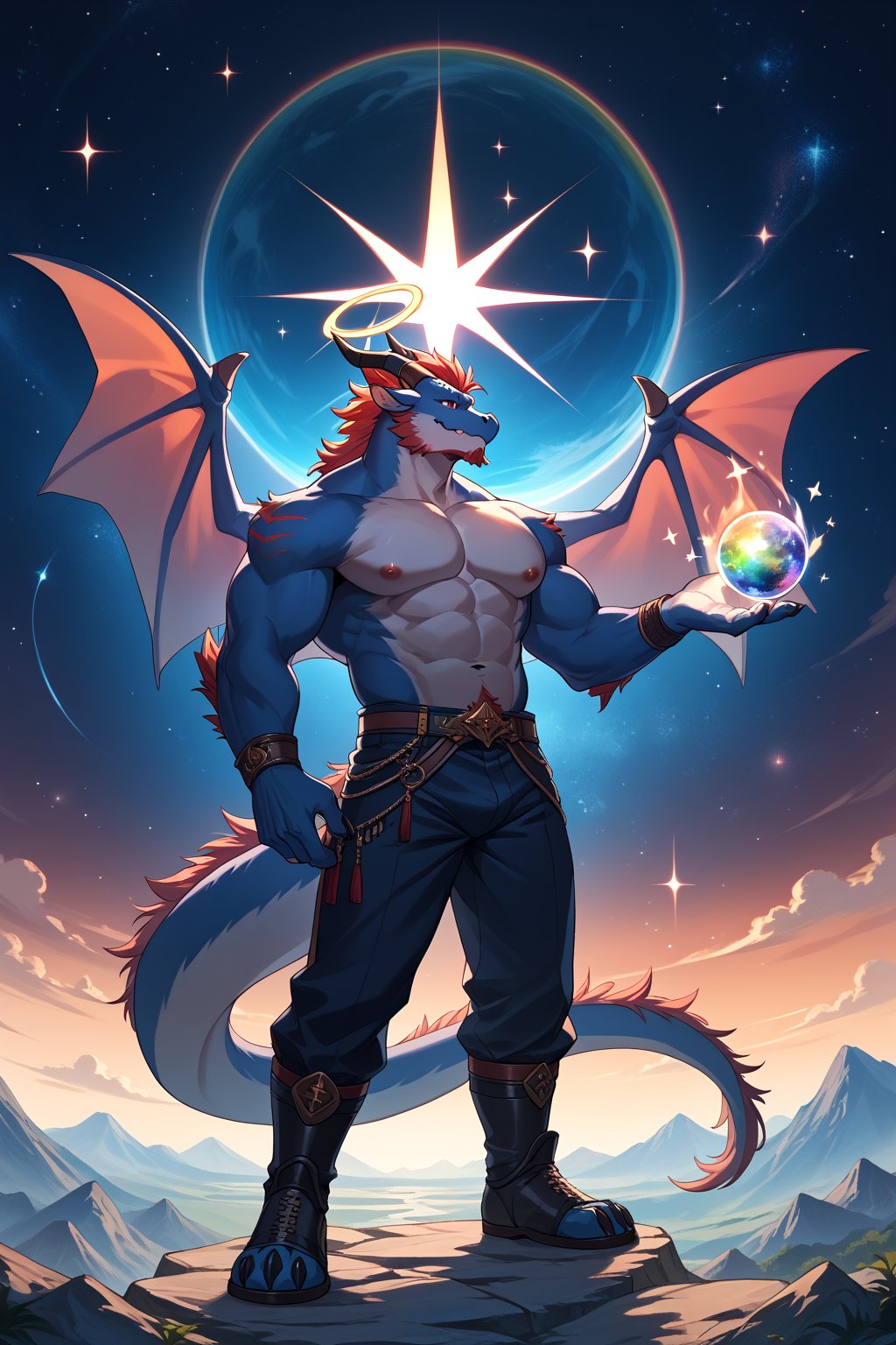 score_9,score_8_up,score_7_up,score_6_up,furry,kemono,high quality,full body,tail,furry,rating_explicit,embedding:zPDXL3 BREAK anthro male furry,solo,Animation style,source_anime,lifelike,bara,perfect anatomy,,dragon,Universe,nebula,space,stars:,many Magic transparent glowing Butterfly,Colorful starry sky Magic two bat wings ,bright light ball,fantasy,colorful,brilliant,halo,sfw,Fundoshim,one hand raised,8k