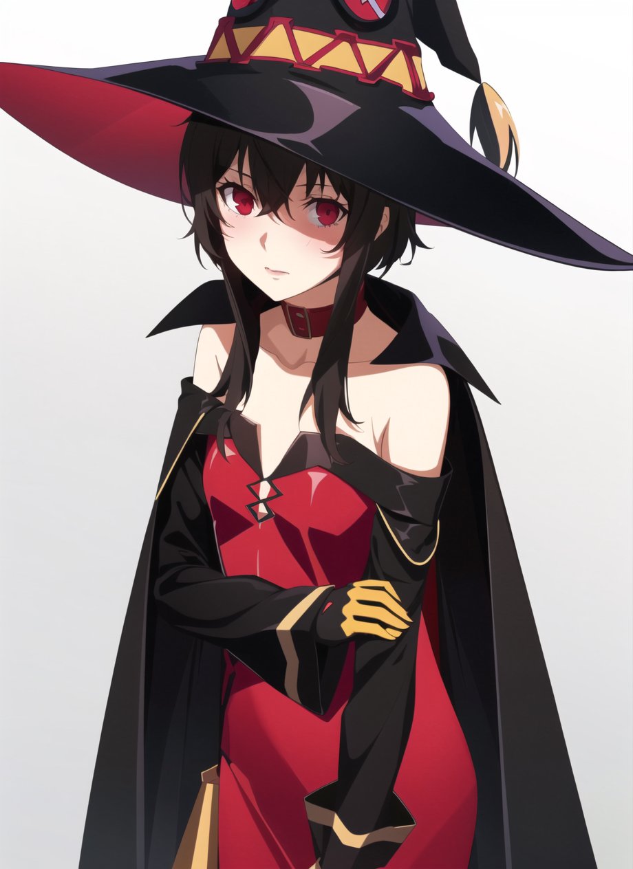 persona5 anime style, megumin, 1girl, bare shoulders, black cape, black gloves, black hair, blush, cape, choker, collarbone, dress, hair between eyes, hat, long sleeves, looking at viewer, medium hair, off-shoulder dress, off shoulder, red dress, red eyes, sidelocks, solo, witch hat, ((masterpiece)) <lora:persona5_anime_style_offset:1>