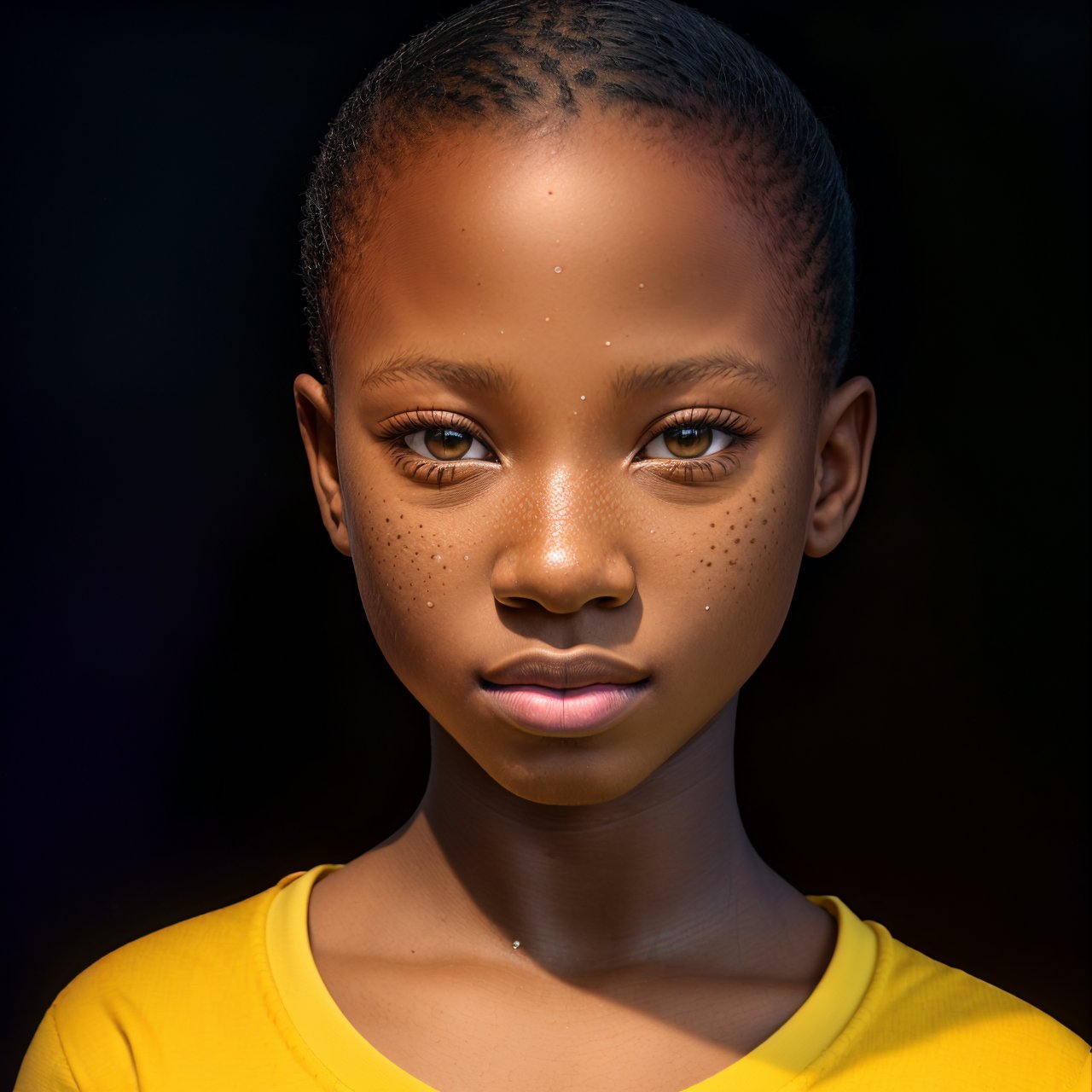 SFW, (masterpiece:1.3), close up portrait of AIDA_LoRA_EmSam <lora:AIDA_LoRA_EmSam:0.69> in (bright yellow t-shirt:1.1), little girl, pretty face, beautiful child, very detailed face, (looking at viewer with love:1.3), (very detailed natural skin with pores), dolly short, parted lips, dramatic, composition, (studio photo:1.3), (trending on artstation:1.3), kkw-ph1, hdr, f1.5, colorful, (black background:1.3), stunningly beautiful, simple background