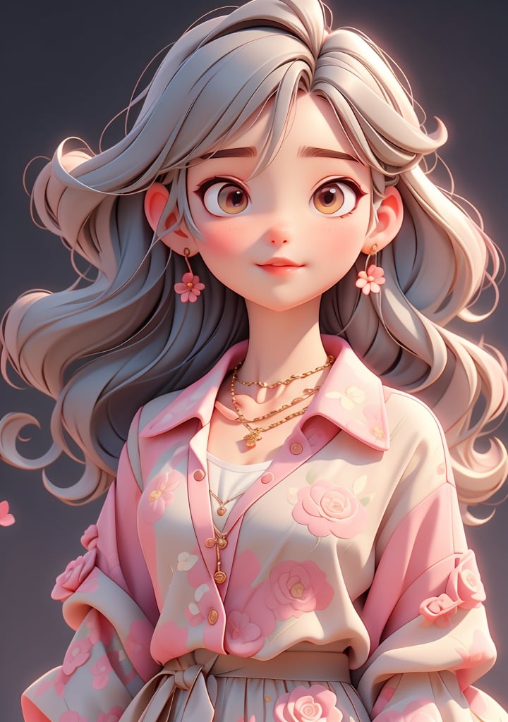 solo, jewelry, 1earring, long hair, looking at viewer, necklace, upper body, floral print, 1girl, shirt, grey hair, pink flower, black background, lips, closed mouth, bangs, flower, jacket, pink rose, collared shirt, simple background, (masterpiece:1.2), best quality, highres,extremely detailed CG,perfect lighting,8k wallpaper,