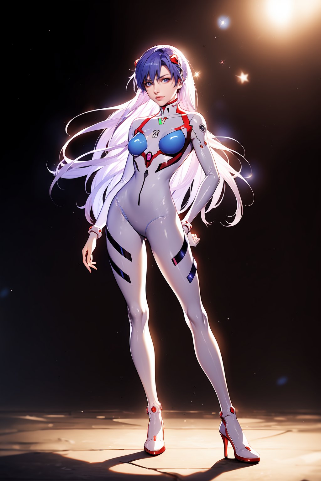 best quality,masterpiece,realistic,neon genesis evangelion,1girl,solo,looking at viewer,full body,standing,long hair,asuka cosplay costume,cosplay,plugsuit,bodysuit,hair ornament,<lora:eva:1>,asuka_pyon,<lora:yuzu2:0.8>,ban,starry_background,hyper_galaxy,<lora:肚脐消失丹:1>,tall,slender