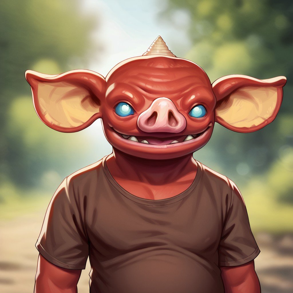 (((detailed, beautiful, high quality))), score_9, score_8_up, score_7_up, upper body, solo,bokoblin, big ears, big eyes, horn,1male, red skin, blue eyes, brown shorts, brown shirt,rustic background, looking at the viewer, posing, blurred background,