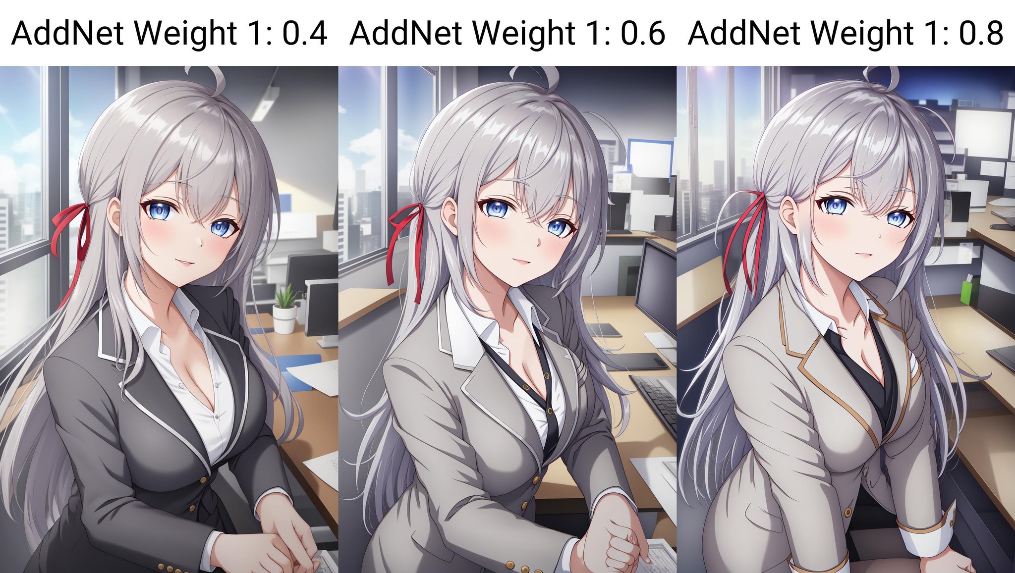 alisa,1girl,solo,long_hair,looking_at_viewer,bangs,blue_eyes,hair_between_eyes,hair_ribbon,ahoge,grey_hair, formal_suit, office_suit,blouse,office,cleavage