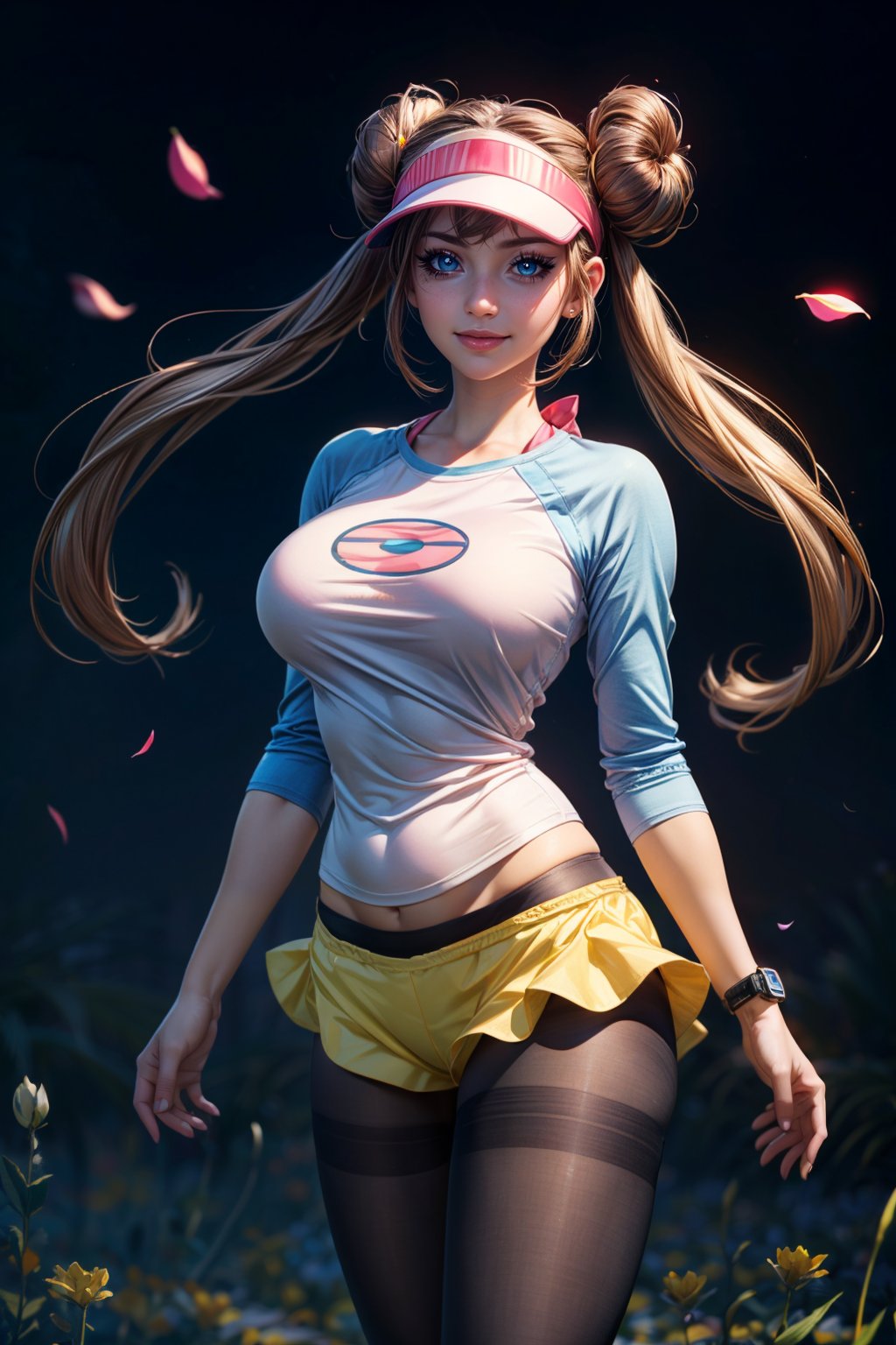 (ultra realistic,32k, masterpiece:1.2),(high detailed skin:1.1),( high quality:1.1),  <lora:Rosa_v5:0.7>,   zzRosa, hair bun, blue eyes, twintails, visor cap, pantyhose, raglan sleeves, yellow shorts, shirt, pink bow, wristwatch,   solo, looking at viewer, smile, cowboy shot,  blooming stars, luminescent petals, otherworldly fragrance blurry background, (looking at viewer, standing:1.1), huge breast, large breast, <lora:add_detail:0.92>, (glowwave:1.1),