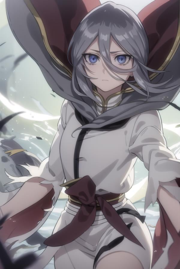 rukiakuchiki, <lora:rukia kuchiki movie3-lora-nochekaiser:1>,dark rukia kuchiki, kuchiki rukia, short hair, grey hair, hair between eyes, (grey eyes:1.5),BREAK cape, robe, white robe, high collar, long sleeves, torn clothes,BREAK outdoors,BREAK looking at viewer,BREAK <lyco:GoodHands-beta2:1>, (masterpiece:1.2), best quality, high resolution, unity 8k wallpaper, (illustration:0.8), (beautiful detailed eyes:1.6), extremely detailed face, perfect lighting, extremely detailed CG, (perfect hands, perfect anatomy),