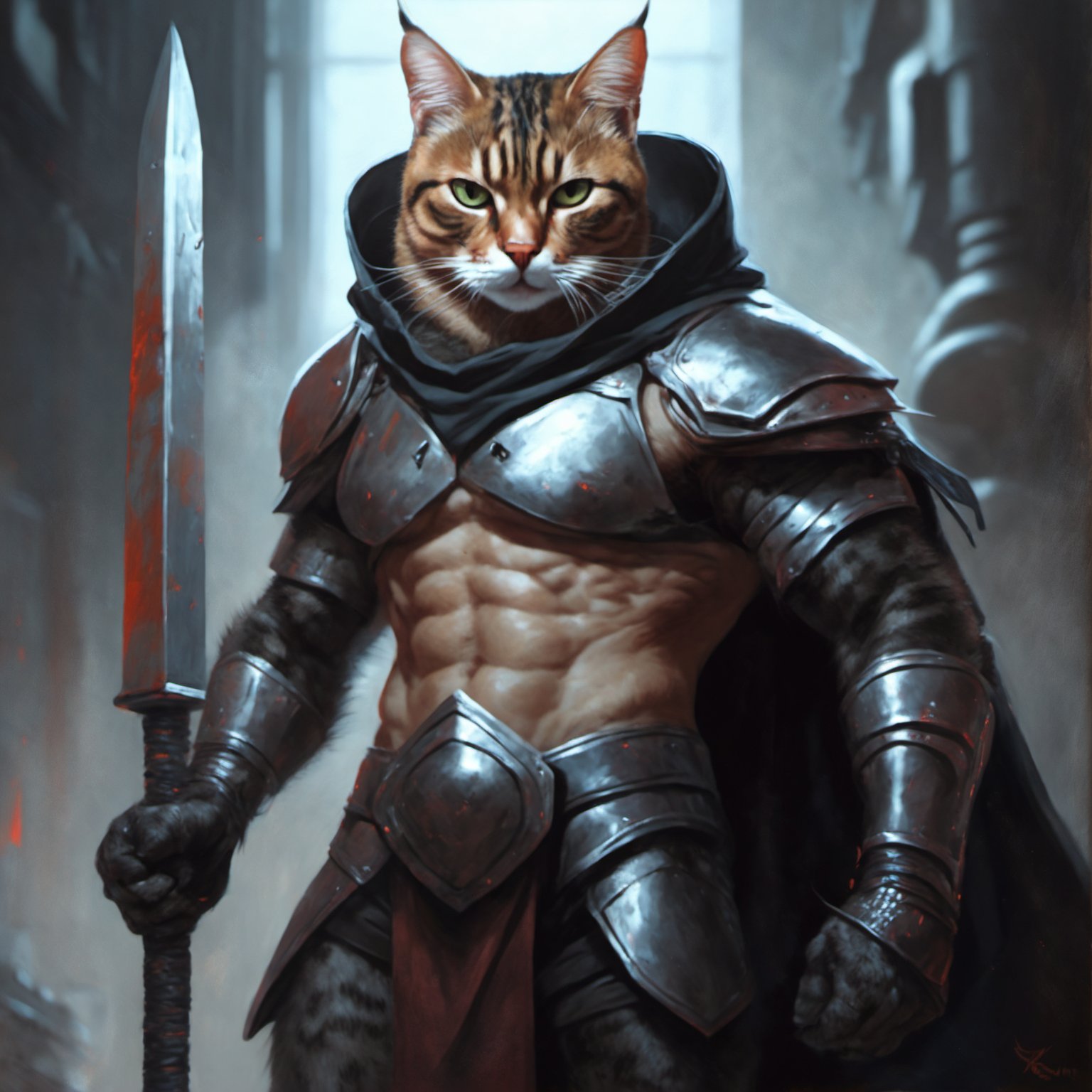 Painting, Enticing cat, in Barbarian suit, Hero pose, Cyber Noir, Side lighting, F/5, poster art