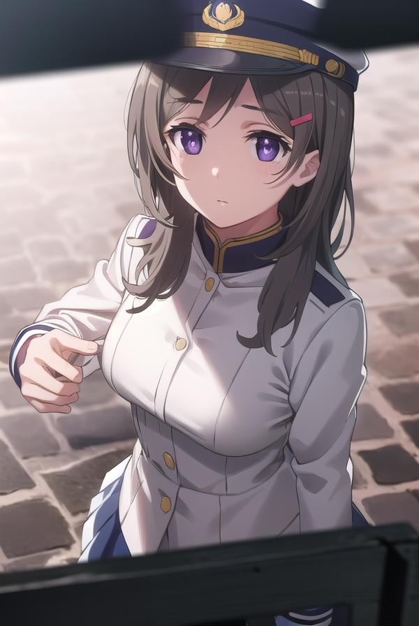 chinamoeka, <lora:china moeka s1-lora-nochekaiser:1>,china moeka, long hair, brown hair, (purple eyes:1.1),BREAK hair ornament, hat, hairclip, uniform, military, military uniform, peaked cap, naval uniform, (white uniform:1.5),BREAK outdoors, ship, navy,BREAK looking at viewer, (cowboy shot:1.5),BREAK <lyco:GoodHands-beta2:1>, (masterpiece:1.2), best quality, high resolution, unity 8k wallpaper, (illustration:0.8), (beautiful detailed eyes:1.6), extremely detailed face, perfect lighting, extremely detailed CG, (perfect hands, perfect anatomy),