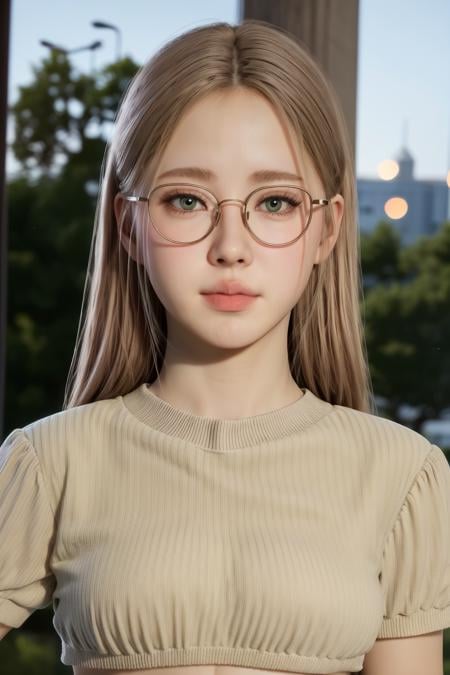 Simple White Background, short sleeves,  cropped top,short skirt,navel,<lora:inzol_Korean_girl-KK77-V1:0.7>,semi-rimless eyewear,grey eyes, blonde hair,bangs,Long_hair,,<lora:more_details:0.1>,1 girl, 20yo,Young female,Beautiful long legs,Beautiful body,Beautiful Nose,Beautiful character design, perfect eyes, perfect face,expressive eyes,perfect balance,looking at viewer,(Focus on her face),closed mouth, (innocent_big_eyes:1.0),(Light_Smile:0.3),official art,extremely detailed CG unity 8k wallpaper, perfect lighting,Colorful, Bright_Front_face_Lighting,White skin,(masterpiece:1.0),(best_quality:1.0), ultra high res,4K,ultra-detailed,photography, 8K, HDR, highres, absurdres:1.2, Kodak portra 400, film grain, blurry background, bokeh:1.2, lens flare, (vibrant_color:1.2),professional photograph,(Beautiful,large_Breasts:1.4), (beautiful_face:1.5),(narrow_waist), 