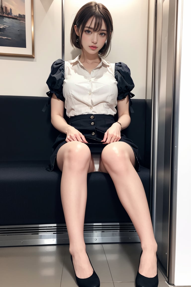 (masterpiece, best quality, 8k, RAW photo, beautiful and aesthetic:1.2),  complex detail, Indirect light, photorealistic,full body,  Button-down linen sundress with a square neckline,  <lora:SClus_001-03:1>Train women , sitting chair , under skirt, underwear, 