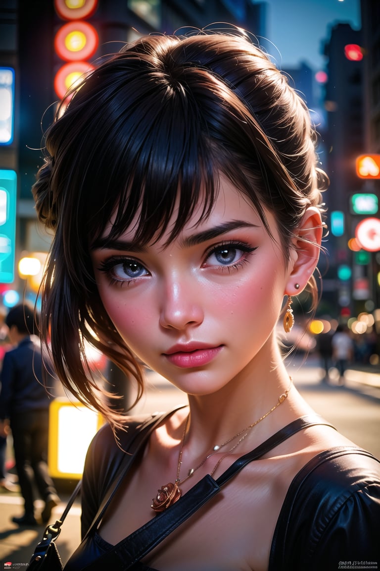 Tilt-shift photo of <lora:GirlfriendMix2:1>1girl, Tokyo street,night, cityscape,city lights, upper body,close-up, 8k, RAW photo, best quality, masterpiece,realistic, photo-realistic,red rose, . Selective focus, miniature effect, blurred background, highly detailed, vibrant, perspective control