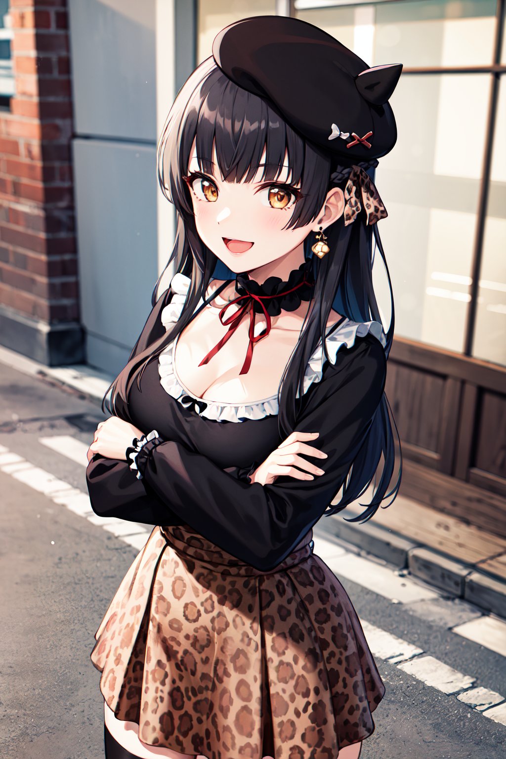 masterpiece, best quality, highres, ddfuyuko, long hair, braid, beret, black headwear, fake horns, earrings, frilled choker, red ribbon, cleavage, black shirt, long sleeves, brown skirt, print skirt, leopard print, black thighhighs, <lora:mayuzumi_fuyuko_v1:0.7>, crossed arms, street, smile, open mouth,