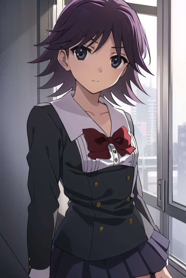 natsumikoizumi, <lora:natsumi koizumi s1-lora-nochekaiser:1>,natsumi koizumi, short hair, purple hair, (black eyes:1.5),BREAK skirt, thighhighs, school uniform, shoes, black thighhighs, zettai ryouiki, bow, red bow,BREAK indoors, classroom,BREAK looking at viewer, (cowboy shot:1.5),BREAK <lyco:GoodHands-beta2:1>, (masterpiece:1.2), best quality, high resolution, unity 8k wallpaper, (illustration:0.8), (beautiful detailed eyes:1.6), extremely detailed face, perfect lighting, extremely detailed CG, (perfect hands, perfect anatomy),