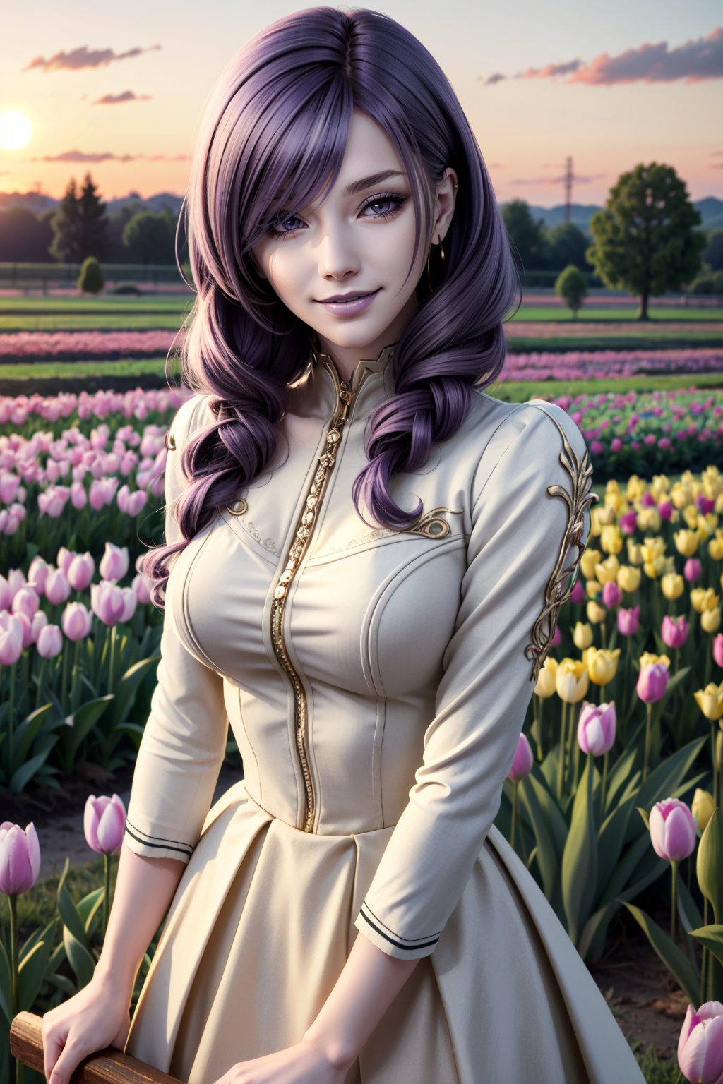 ((ultra detailed, masterpiece, absurdres)) <lora:HGDaniella:0.9>HGDaniella, 1girl, twin drills, purple hair, in a field of tulips, golden hour, elegant dress, smiling