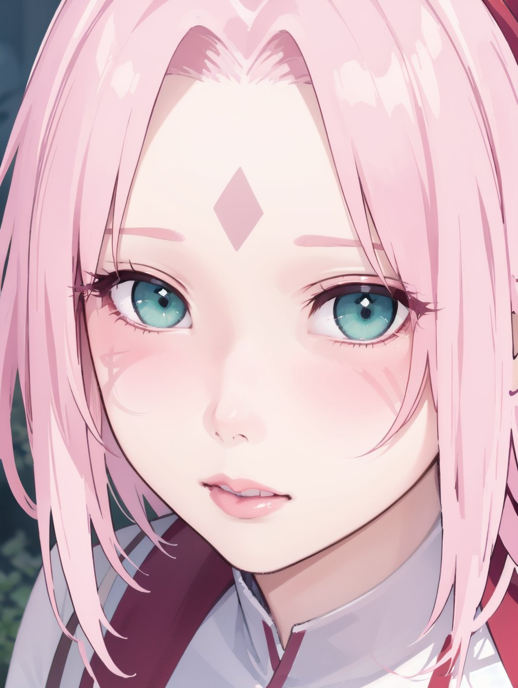 masterpiece,1girl, haruno sakura, solo, looking at viewer, short hair, bangs, green eyes, pink hair, parted lips, eyelashes, portrait, close-up, pink lips, forehead mark, realistic, nose,<lora:lbc_haruno_sakura_240324_v1.0-000012:0.8>,