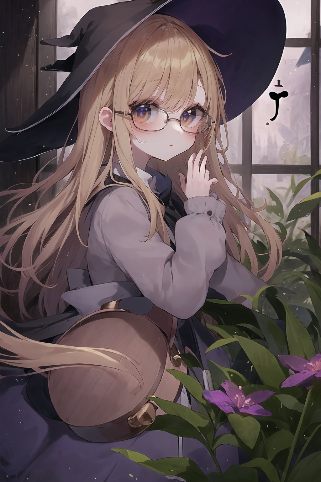 1girl, solo, (witch hat), blond, from side, potion, plant, flask, glasses, flower, wooden muntins, window, darkness