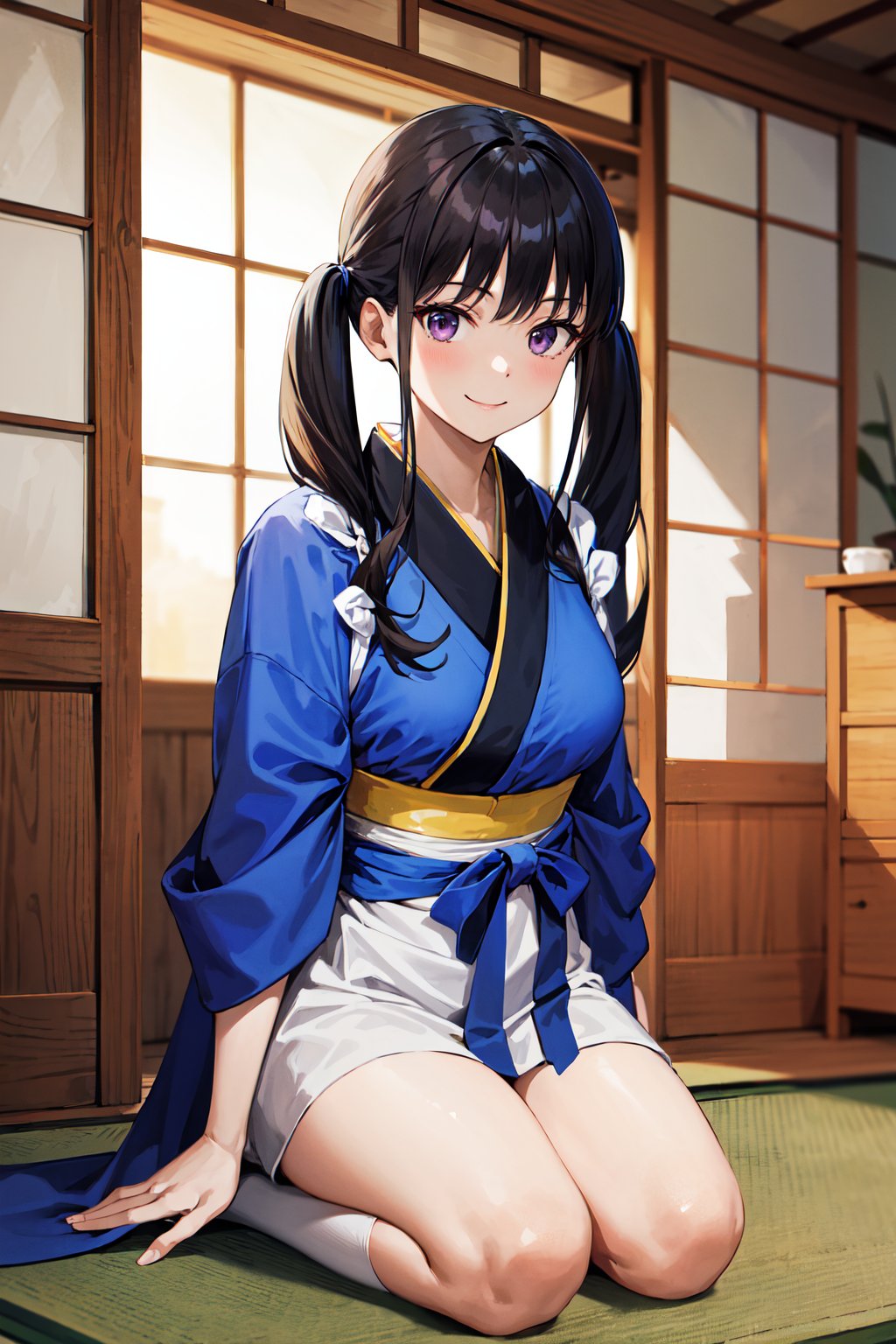 masterpiece, best quality, highres, aatakina, long hair, twintails, black hair, breasts, japanese clothes, (blue kimono:1.2), tasuki, long sleeves, sash, (brown apron:1.2), <lora:inoue_takina_v1:0.7>, kneeling, smile, indoors,