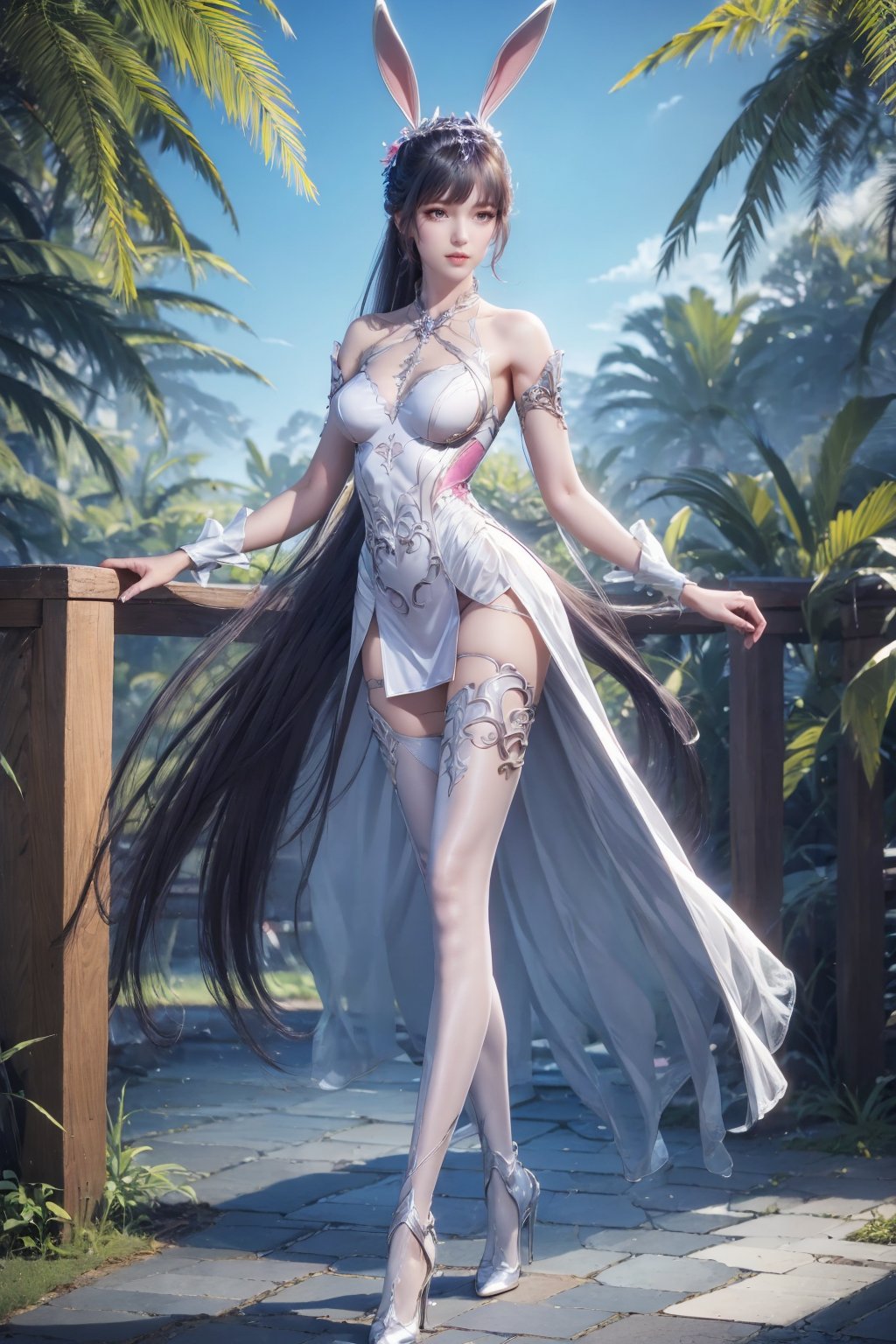 <lora:AgainXiaowu:0.8>, AgainXiaowu, 1girl, solo, animal ears, rabbit ears, long hair, full body, ponytail, tree, hair ornament, high heels, thighhighs, metal collar, sky, palm tree, blue sky, very long hair, dress, bare shoulders, medium breasts, white footwear, standing, white dress, grass, crossed legs, night, see-through