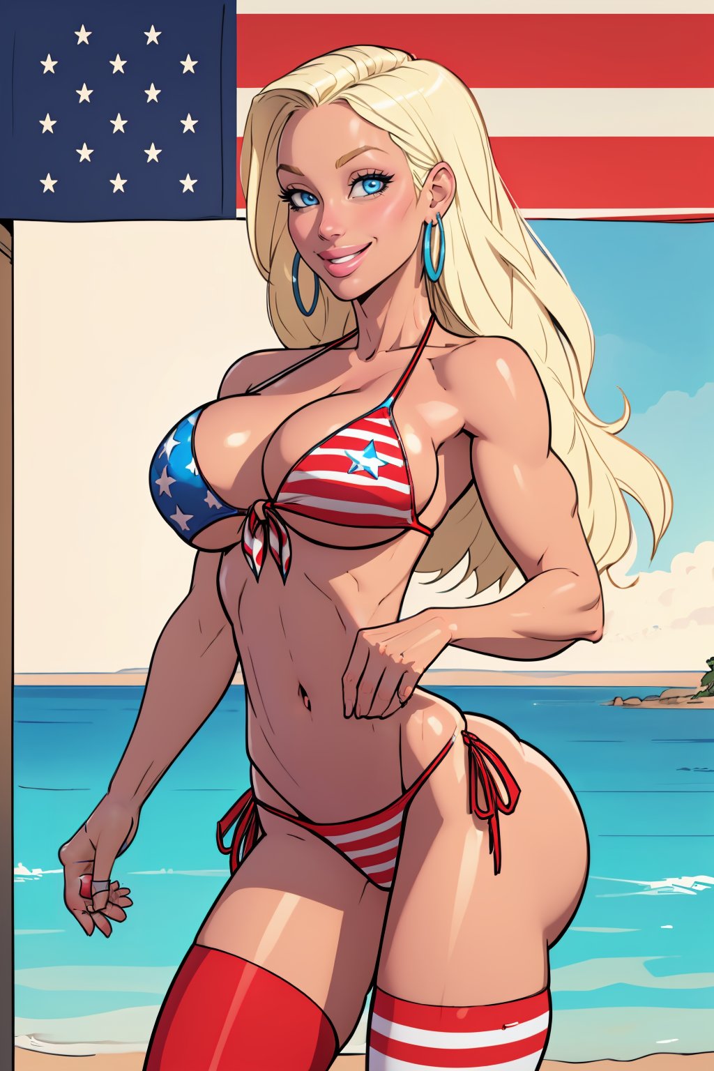 (masterpiece, best quality:1.2), <lora:thepit:1>, thepit, 1girl, swimsuit, bikini, solo, long hair, blonde hair, american flag bikini, flag print, jewelry, earrings, blue eyes, breasts, front-tie top, side-tie bikini bottom, navel, united states, smile, thighhighs