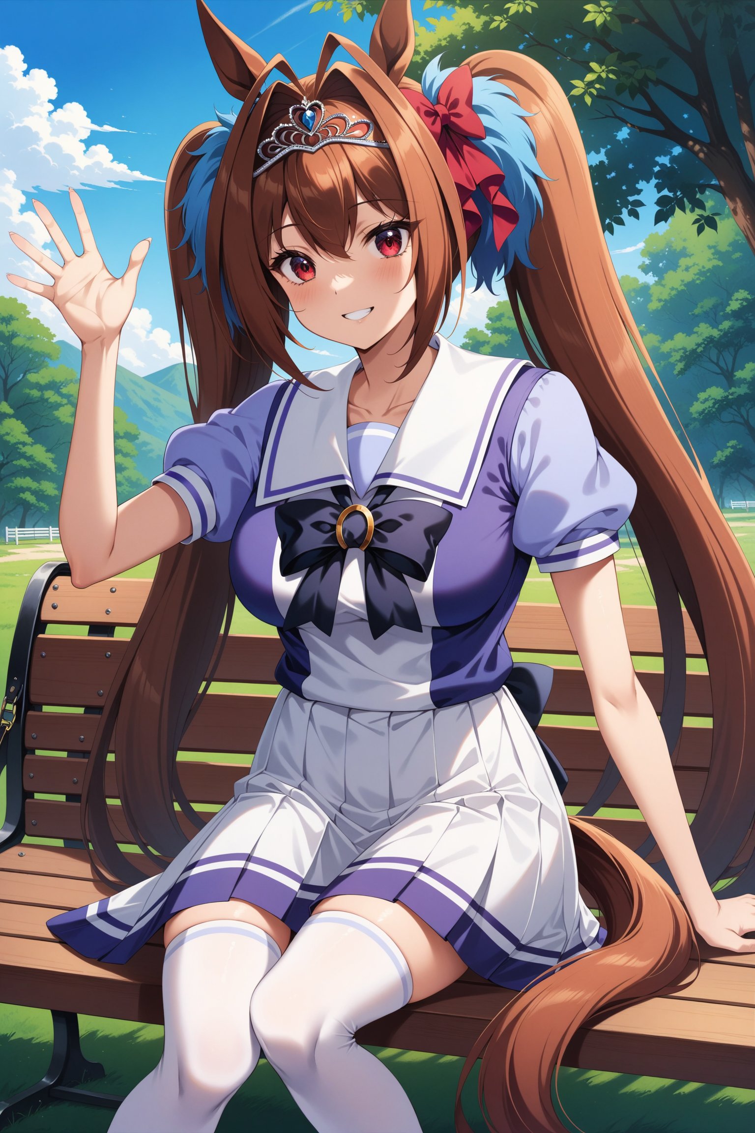 (masterpiece, best quality, very aesthetic, ultra detailed), intricate details, 4k, anime style, aadaiwa, long hair, twintails, hair bow, animal ears, tiara, horse tail, school uniform, sailor collar, purple bowtie, sailor shirt, purple shirt, puffy short sleeves, pleated skirt, white skirt, white thighhighs, <lora:daiwa_scalet_XL_v1:0.9>, waving, sitting, bench, outdoors, smile,