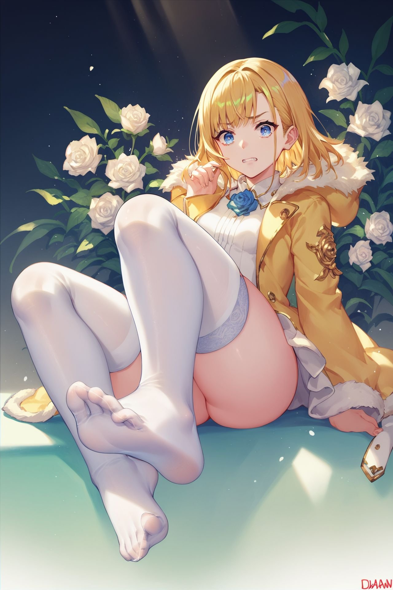 score_9, score_8_up, score_7_up, 1girl, sitting, looking at viewer, soles, white_thighhighs, foot focus, foreshortening, w, Scared, golden hair, textured bangs, light blue eyes, small breasts, yellow fur coat, dim light, Rose_Royalty \(flower\) background, <lora:atdan_PonyXL_style_v01:1>