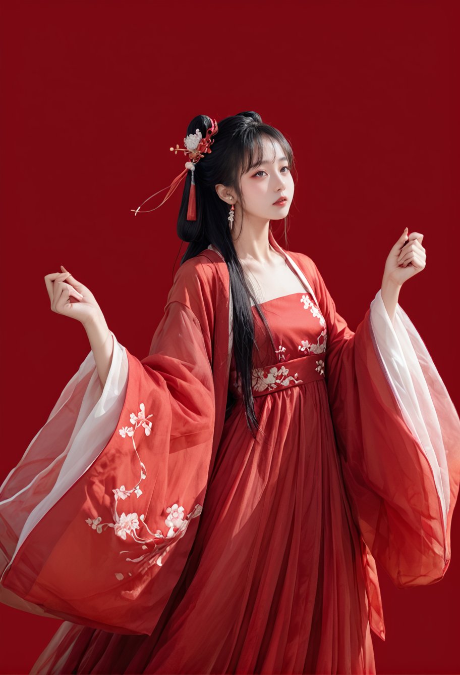 red background,,ruanyi0750,hanfu,wide sleeves,red dress,see-through,<lora:0750 Large sleeve shirt Hanfu_v1_pony:0.8>, score_9,score_8_up,score_7_up,,8k,1girl,solo,