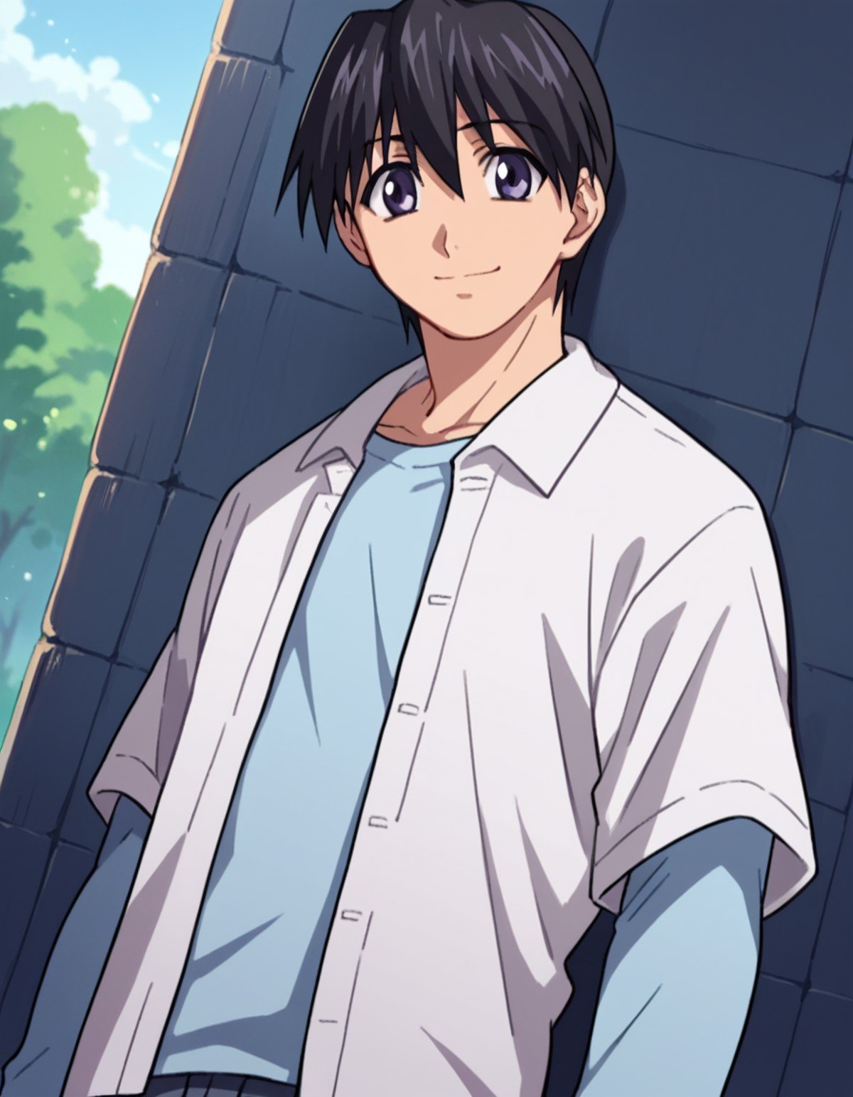 score_9, score_8_up, score_7_up, source_anime,elfenliedkouta, <lora:elfen-lied-kouta-s1-ponyxl-lora-nochekaiser:1>,kouta, purple eyes, black hair, male focus,shirt, long sleeves, white shirt, short sleeves, open clothes, pants,outdoors, smile,cowboy shot, looking at viewer, solo, dutch angle,