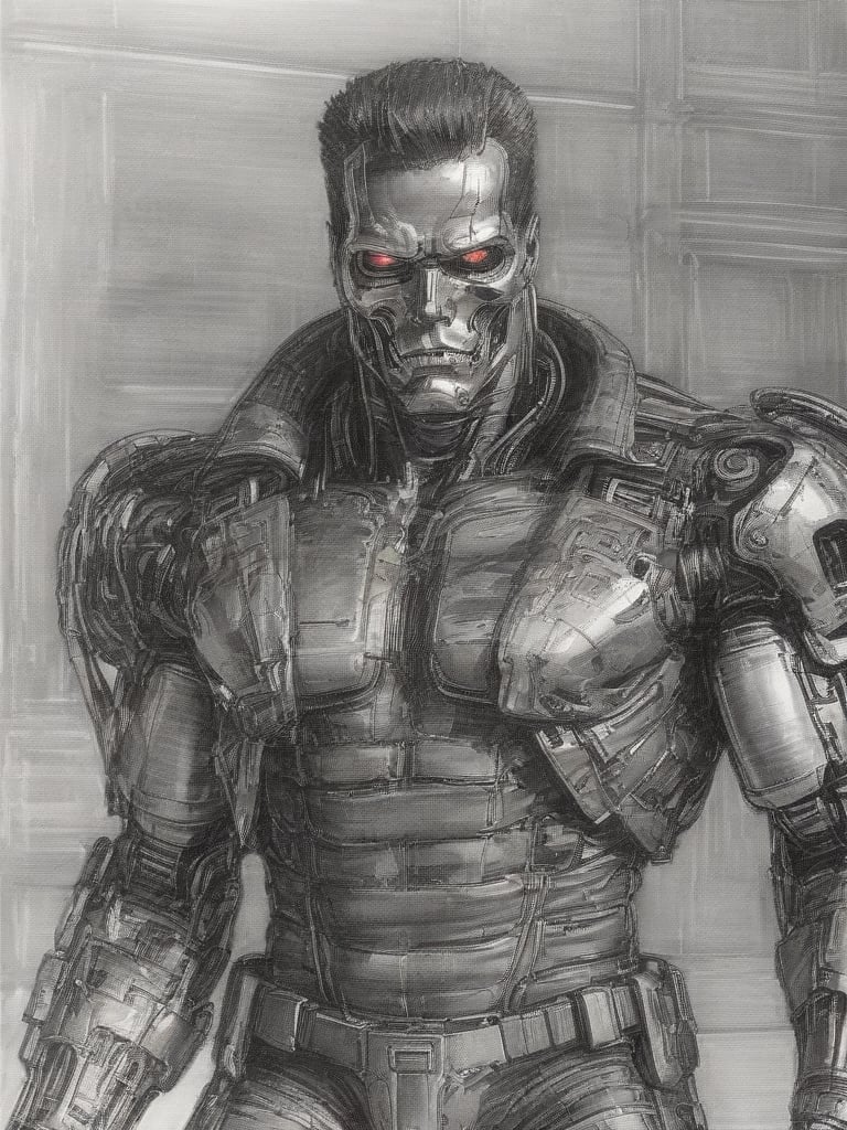 sketch, pencil art, a drawing of a terminator, <lora:pencil_art:0.85>, bw