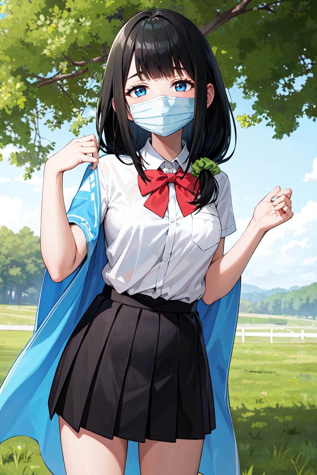 masterpiece, best quality, highres, 1girl, solo, long hair, black hair, hair scrunchie, low ponytail, blue eyes, mouth mask, school uniform, blue shawl, red bowtie, collared shirt, white shirt, short sleeves, pleated skirt, black skirt, <lora:hassu_v1:0.8> standing, cowboy shot, outdoors