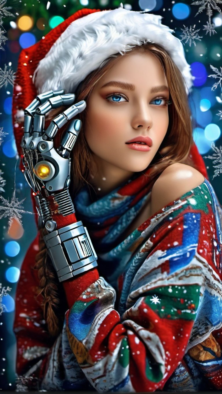 photograph, full body, wide shot, she is feeling lustful, she has (Natural Bio Mechanical arms and large legs:1.55) , Tapestry of a (Cyborg 46 Santa girl:1.3) , she is wearing a Digital Art fashion style christmas themed, Stars in the sky, still life art stylized by Stephen Darbishire, Sketch, Peaceful, Slow Shutter Speed, film camera, F/8, Cold Colors, gorgeous and alluring, glittering, realistic and detailed, natural skin texture, detailed mystical face, detailed beautiful eyes, detailed eye pupils, complex electric christmas background, christmas