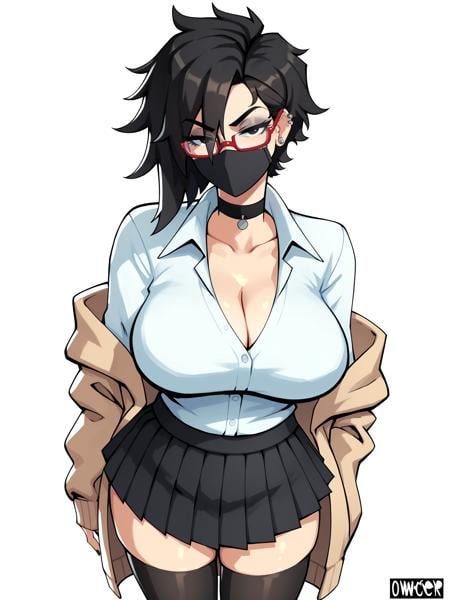 score_9, score_8_up, score_7_up, score_6_up, score_5_up, score_4_up,BREAK1girl, (black hair:1.2), bob cut, short hair, tomboy, black eyes, black mouth mask, long eyelashes, half-closed eyes, red-framed eyewear, black choker, messy hair, asymmetrical hair, adult, mature, black eyeliner, ear piercing,BREAKsolo, standing, huge breasts, adult, broad shoulders, tall, white collared shirt, long sleeves, light brown cardigan, open cardigan, black pleated skirt, black microskirt, black miniskirt, black thighhighs, shirt tucked in, black nails, skinny,BREAK(white background:1.2), simple background, <lora:Lunas-Owler-SDXL-A1:1>